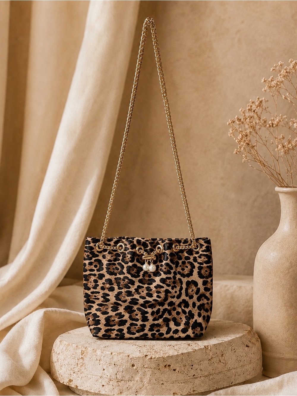 Leopard Print Chain-Handle Shoulder Bag - Brown